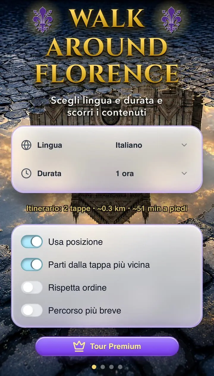 Pantalla principal de la app Walk Around Florence: elección de idioma y duración del tour